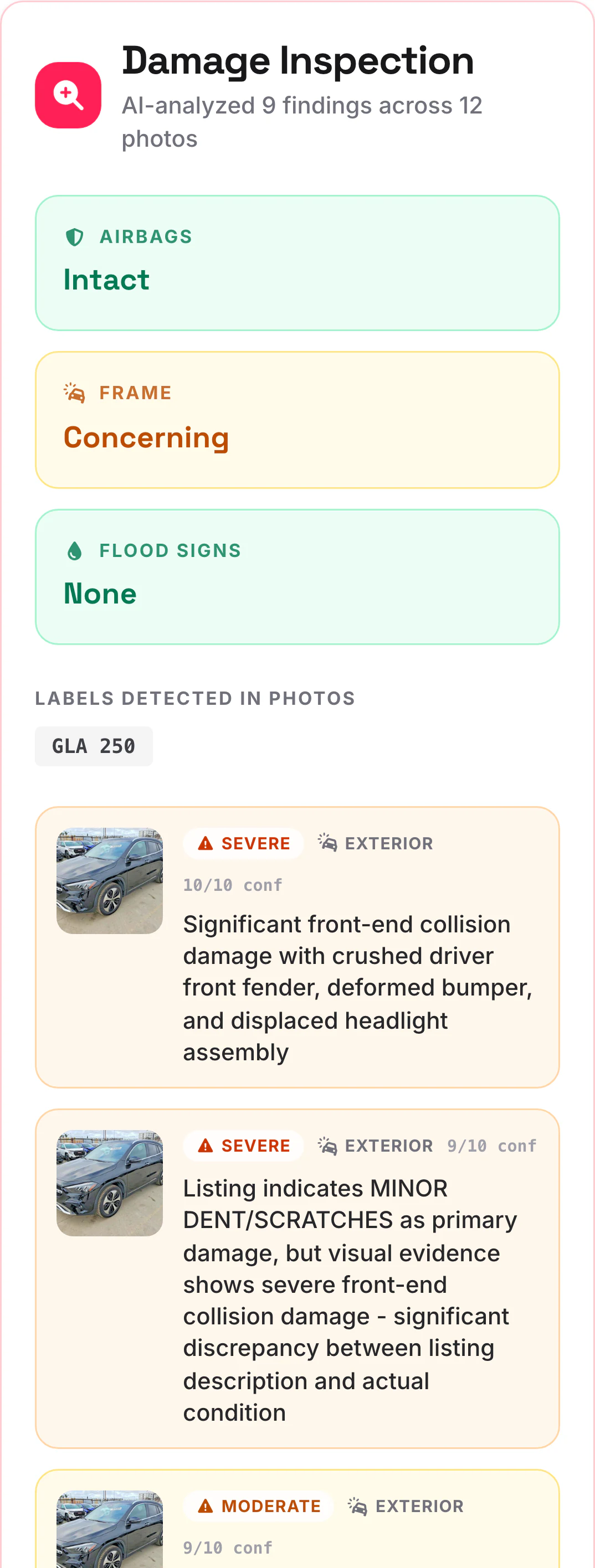 Damage inspection section of the 2025 Mercedes-Benz GLA 250 report
